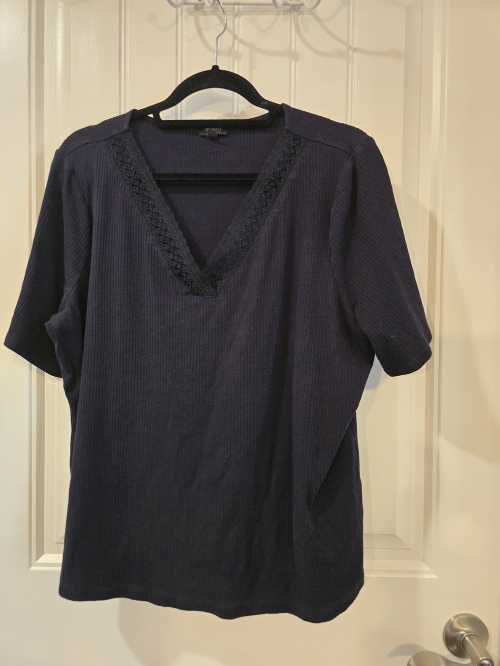 Talbots Navy Ribbed V-Neck Top with Lace Trim